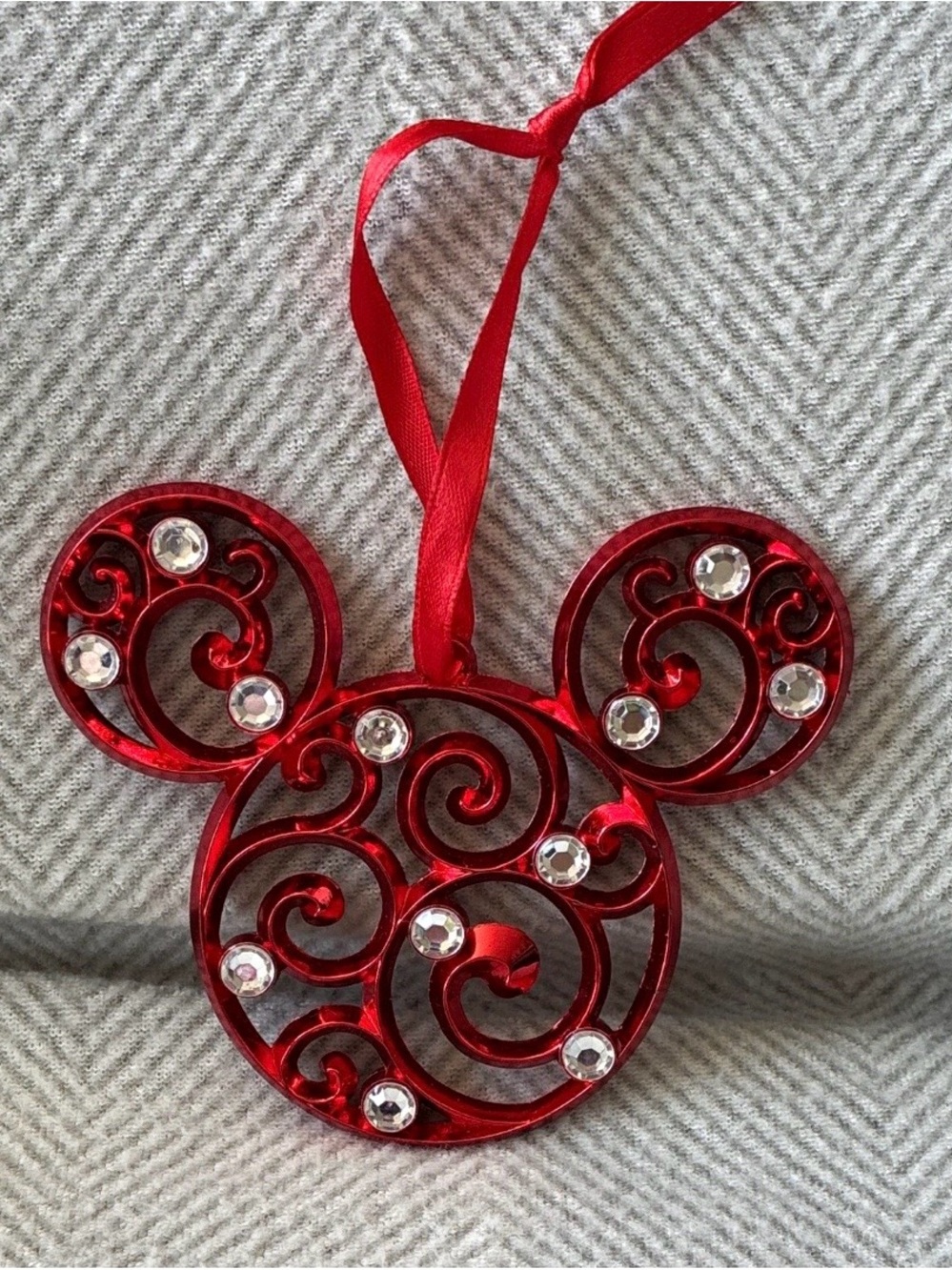 Disney Red Swirl Mickey Ear Ornament with Rhinestones